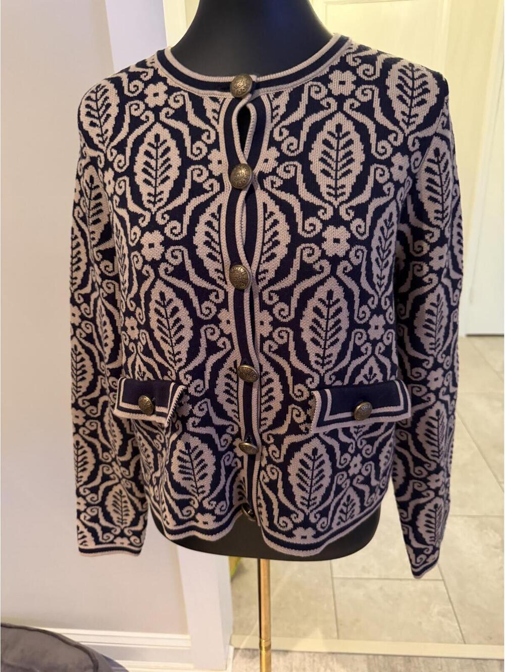 NWOT Boden Holly Cotton Knit Navy Cream Paisley Cardigan Gold Buttons US 8 - Picture 2 of 7